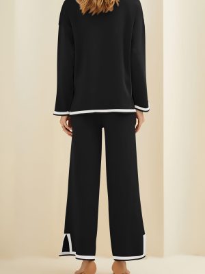 Women's 2 Piece Knit Sweater Set Casual Long Sleeve Pullover Wide Leg Pants Sweatsuit Tracksuit Outfit