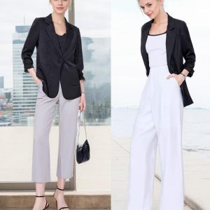 2025 Summer Linen Blazer Women Lightweight 3/4 Stretchy Ruched Sleeve Fully-Lined Casual Work Jacket with Pockets