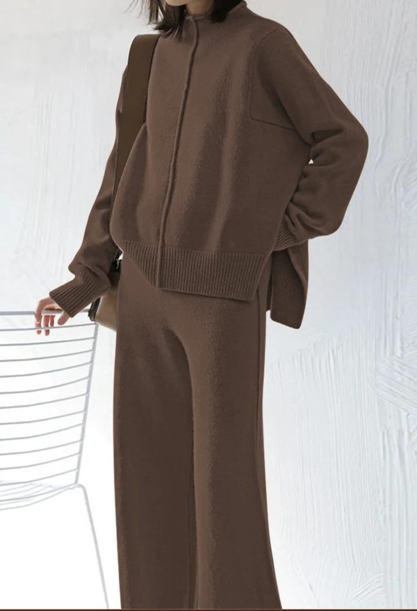 610sEVFhjQL.jpg Women's 2 Piece Outfits Sweater Set Wide Leg Pants High Neck Sweatsuit Loungewear