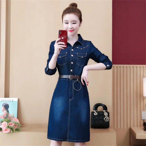 611DwDzWtL.jpg Women Jeans Dress Long Sleeve Single Breasted Shirt Dress Office Denim Dress