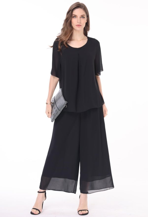 611b8bu8lML.jpg Women's 2 Piece Chiffon Sets Outfits Flowy Summer Casual Dressy Pantsuits Double Layers Blouse Capris Pants Suits