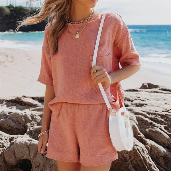611zRqF8ytL.jpg Summer Cotton Linen Pocket Sets, Short Sleeve T Shirt And Shorts 2 Piece Set, Women Beach Solid Outfits Tracksuit