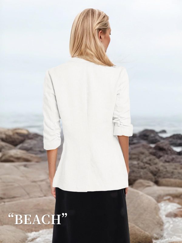 612JGCwWI7L.jpg 2025 Summer Linen Blazer Women Lightweight 3/4 Stretchy Ruched Sleeve Fully-Lined Casual Work Jacket with Pockets