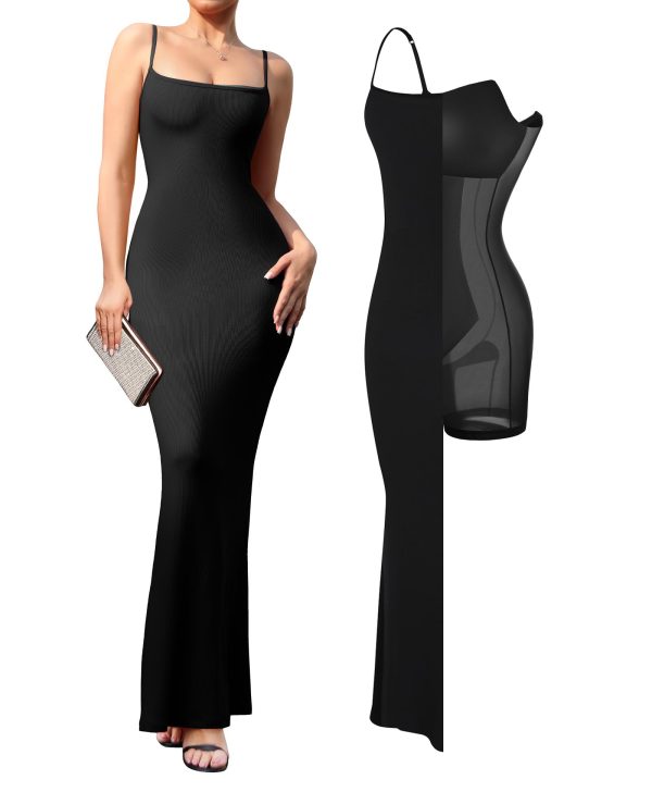 612RVWijviL.jpg Summer Maxi Dress for Women - Cocktail Shapewear Dresses Built-in Bra Adjustable Straps Vacation Long Slip