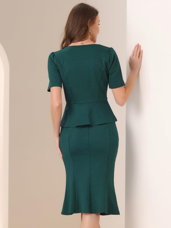 6159kpt0fzL.jpg Business Skirt Set for Women's 2 Piece Outfit Short Sleeve Peplum Top Fishtail Bodycon Skirts
