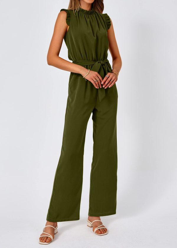 615NCZnZx2L.jpg Jumpsuits For Women Dressy Summer One Piece Sleeveless Ruffle Mock Neck Belt Pockets Formal Wide Leg Pants Romper