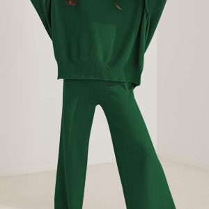Women 2 Piece Sweater Sets Long Sleeve Knit Top Matching Wide Leg Pant Knitted Sweatsuit Outfits