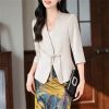 Women Satin Silk Suit Coat Half Sleeve Solid Single Button Blazer Elegant Office Outerweara Jacket