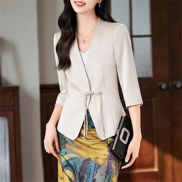 616OplCIJLL.jpg Women Satin Silk Suit Coat Half Sleeve Solid Single Button Blazer Elegant Office Outerweara Jacket