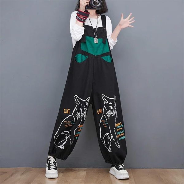 616fZkRrQ7L.jpg Women Loose Vintage Streetwear Wide Leg Jumpsuits Denim Overalls Spliced Black Cartoon Printed Jumpsuits