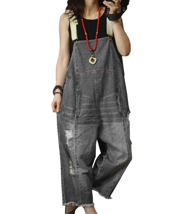 617KDdoObZL.jpg Women Casual Loose Cropped Denim Jumpsuits Rompers Jeans Overalls Distressed Ripped Fringed/Pockets P49