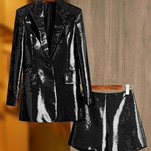 Sequin Blazer and Short Set for Women 2 PC Slim Fit Notch Lapel Prom Party Suit Women's Glitter Suit