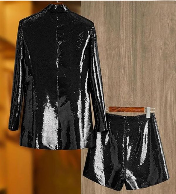 617kqBKfWIL.jpg Sequin Blazer and Short Set for Women 2 PC Slim Fit Notch Lapel Prom Party Suit Women's Glitter Suit