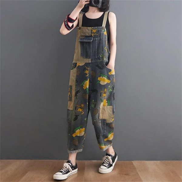618eI44HVrL.jpg Women Cartoon Printed Denim Overalls Ankle-Length Vintage Denim Jumpsuits Pockets Rompers Jumpsuit