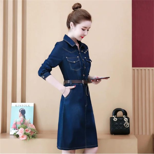 618hEw45mgL.jpg Women Jeans Dress Long Sleeve Single Breasted Shirt Dress Office Denim Dress