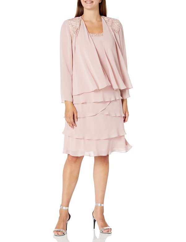 618kiRnw6L.jpg Women's Mother of The Bride Tiered Jacket Dress with Shoulder Embellishment (Petite and Regular Sizes)
