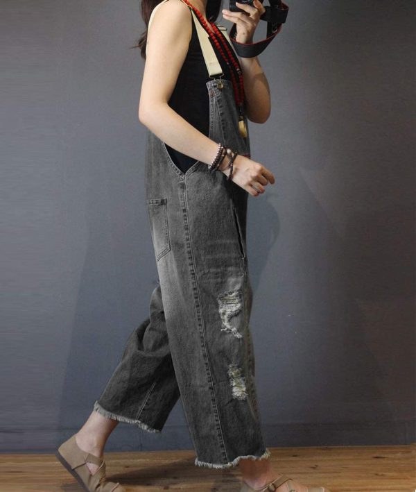 619SW4IfgML.jpg Women Casual Loose Cropped Denim Jumpsuits Rompers Jeans Overalls Distressed Ripped Fringed/Pockets P49