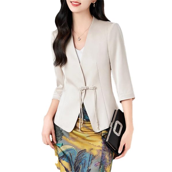 61ATzmG574L.jpg Women Satin Silk Suit Coat Half Sleeve Solid Single Button Blazer Elegant Office Outerweara Jacket