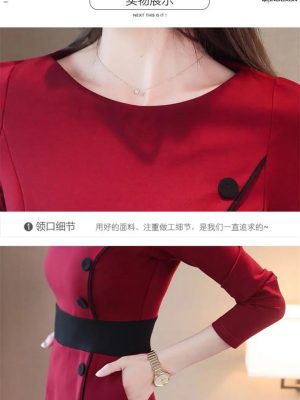 Women Contrast Color Elegant Temperament Party Dresses Office High Waist Long Sleeve Slim Midi Dress