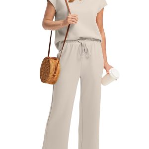 Two Piece Sets for Women Summer Outfits Lounge Sets V Neck Tops Wide Leg Pants Woman Vacation Travel Outfits