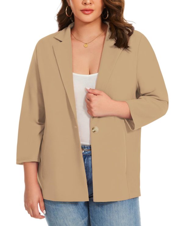 61BFAK6zCxL.jpg Womens Plus Size Blazer 3/4 Sleeve Notch Lapel Casual Work Blazers One Button Open Front Pockets Jackets (XL-5XL)