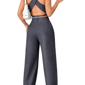 Women's 2 Piece Solid Sleeveless V Neck Cross Back Button Down Blazer and Pants Business Office Suit Set