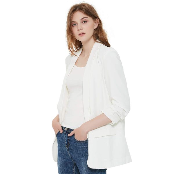 61CUM-99-uL.jpg Womens 3/4 Ruched Sleeve Blazer Jacket Lightweight Work Office Open Front Solid Coat, Black