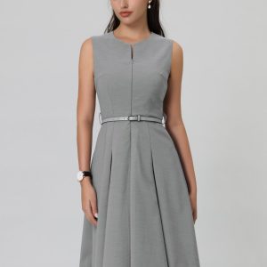 Women's Sleeveless Dress Zip Up Belted Fit & Flare Work Dresses
