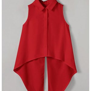 Women's Bow Back Blouse Collar Neck Button Down Vest Sleeveless Asymmetrical Split Blouse Top Tank