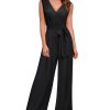 Women's Sleeveless Deep V Neck Ruched Wide Leg Jumpsuit Long Romper Belt with Pockets
