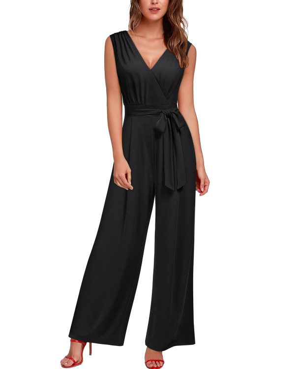 61DVd6pxkL.jpg Women's Sleeveless Deep V Neck Ruched Wide Leg Jumpsuit Long Romper Belt with Pockets