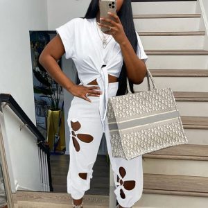 Women 2 Piece Outfits Set Casual Crop Top Shirt Hollowed Out Sweatpants Women Fashion Tracksuit