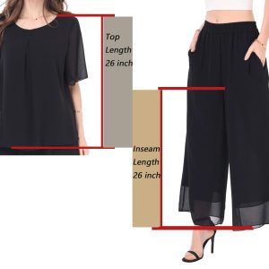 Women's Chiffon Summer 2 Piece Outfits Suit Blouse Top Capri Wide Leg Dress Casual Business Pants Sets