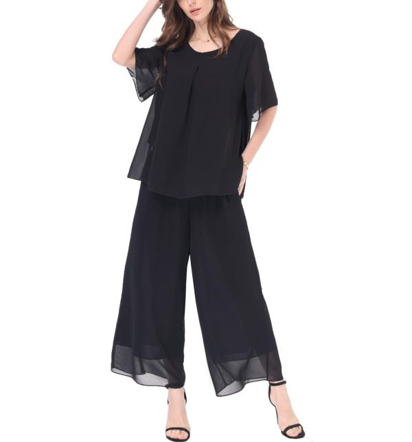 61FbgLSLVOL.jpg Women's Chiffon Summer 2 Piece Outfits Suit Blouse Top Capri Wide Leg Dress Casual Business Pants Sets