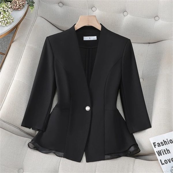61GKgu9Q0CL.jpg Women Elegant Black White Blazer Ruffle Slim Fit Half Sleeve Formal Office Top Work Jacket