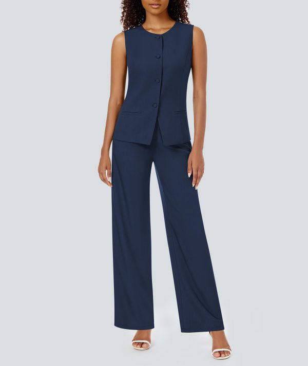 61Gr3gnNw4L.jpg Women's 2 Piece Blazer Outfits Sleeveless Crewneck Vest Wide Leg Pantsuit 2025 Dressy Casual Work Sets