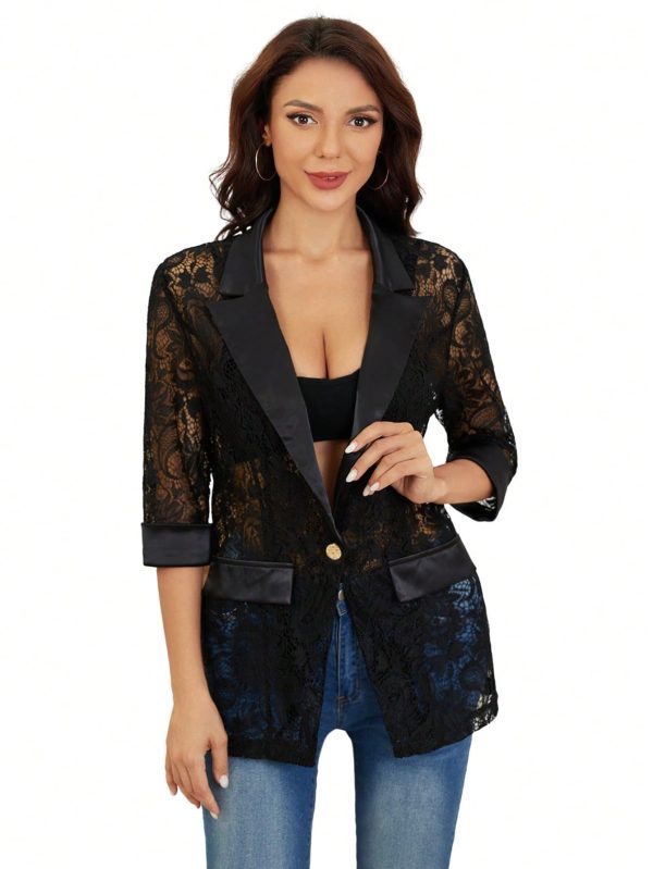 61HRshi5GEL.jpg Women's Floral Lace Mesh One Button Lapel Neck Long Sleeve Elegant Jacket Blazer