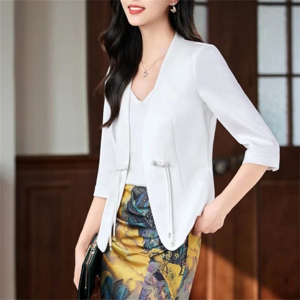 61Hwcg2sLNL.jpg Women Satin Silk Suit Coat Half Sleeve Solid Single Button Blazer Elegant Office Outerweara Jacket