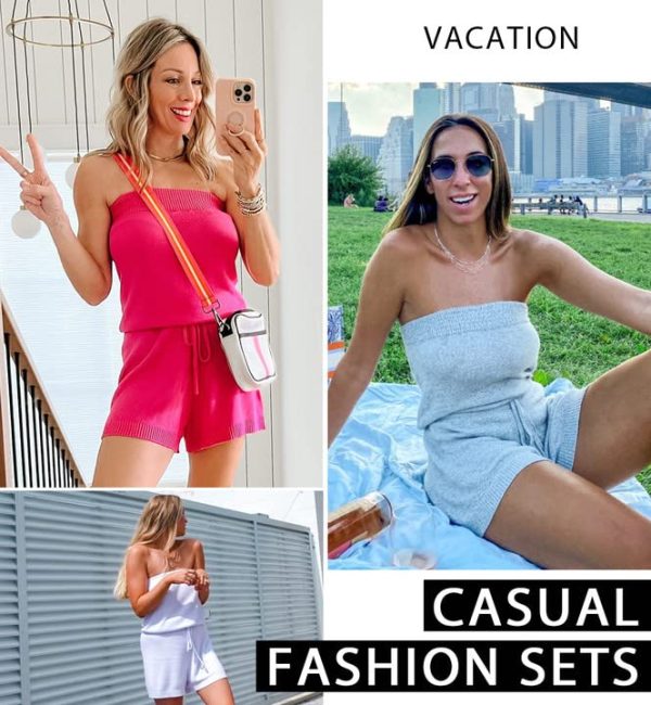 61HwqBRdvlL.jpg Womens Summer Jumpsuits Casual Loose Sleeveless Off Shoulder Elastic Waist Romper Loungewear Two Piece Outfits