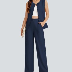 Women's 2 Piece Blazer Outfits Sleeveless Crewneck Vest Wide Leg Pantsuit 2025 Dressy Casual Work Sets