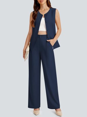 Women's 2 Piece Blazer Outfits Sleeveless Crewneck Vest Wide Leg Pantsuit 2025 Dressy Casual Work Sets