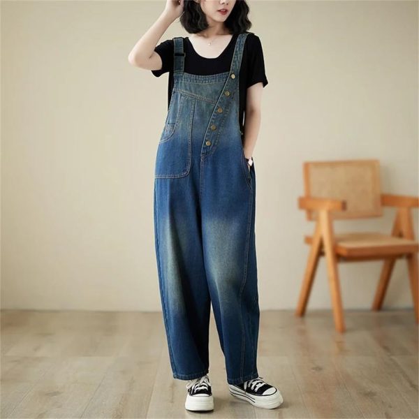 61JoZTulF6L.jpg Women Irregular Denim Jumpsuits Sleeveless Loose Buttons Vintage Wide Leg Jumpsuits