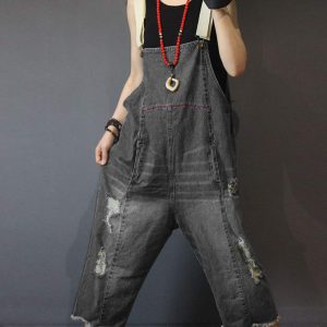 Women Casual Loose Cropped Denim Jumpsuits Rompers Jeans Overalls Distressed Ripped Fringed/Pockets P49