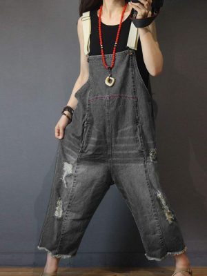 Women Casual Loose Cropped Denim Jumpsuits Rompers Jeans Overalls Distressed Ripped Fringed/Pockets P49