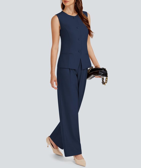 61K1QwqEuRL.jpg Women's 2 Piece Blazer Outfits Sleeveless Crewneck Vest Wide Leg Pantsuit 2025 Dressy Casual Work Sets