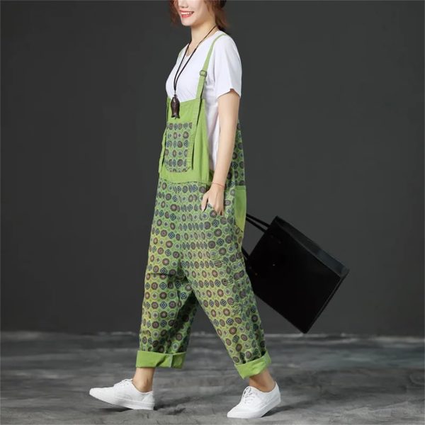 61K9UfKyWTL.jpg Women Vintage Printed Jumpsuits Loose Washed Denim Overalls Print Simple Rompers Pants