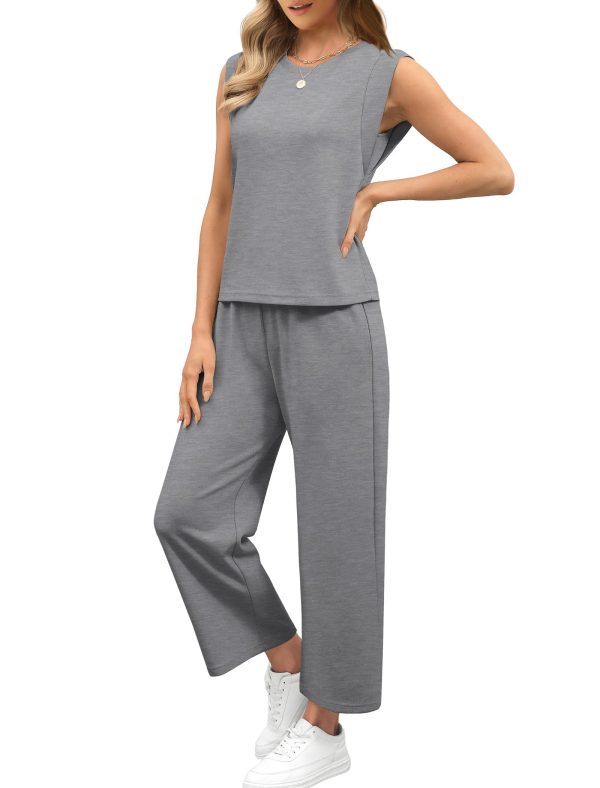 61KP37kv9L.jpg Two Piece Sets for Women Casual Travel Vacation Outfits Summer Wide Leg Crop Pants Lounge Sets