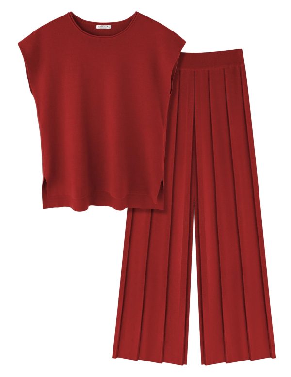 61KqjNj5v2L.jpg Lounge Sets for Women Two Piece Outfits Knit Cap Sleeve Tops Wide Leg Pleated Pants Casual Dressy Sweater Sets
