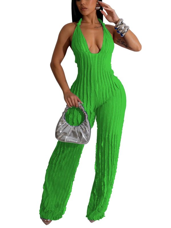 61LvJObZOL.jpg Summer Sexy Halter Jumpsuits for Women V Neck Tie Knot Pleated Boho One Piece Wide Leg Long Pants Jumpsuit Romper