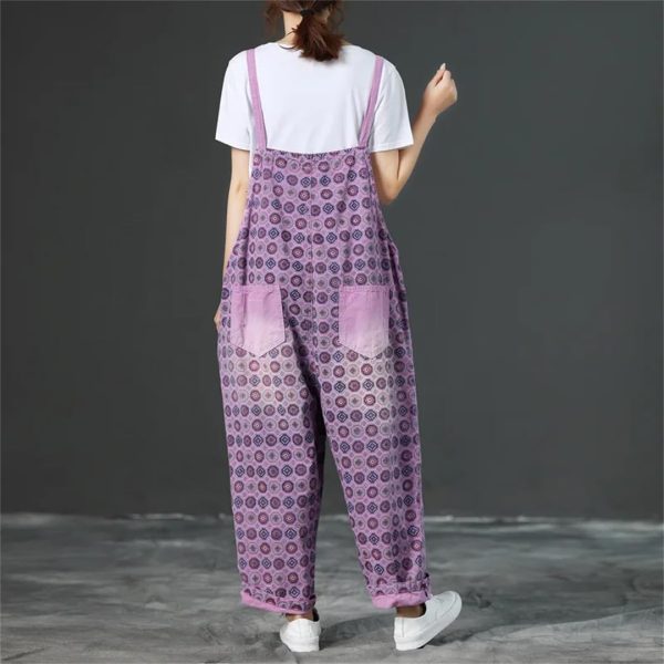 61MP1suunaL.jpg Women Vintage Printed Jumpsuits Loose Washed Denim Overalls Print Simple Rompers Pants